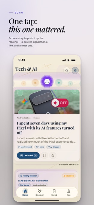 Una historia de Tecnología e IA con el botón Echo activado y un echo registrado.