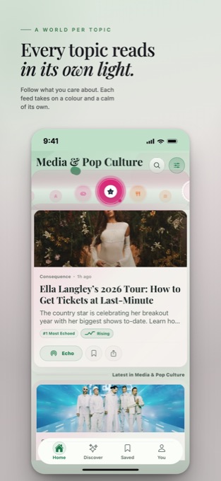 El feed de Medios y cultura pop en un tema verde suave propio de ese tema.