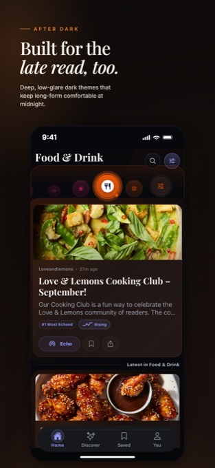 El feed de Gastronomía en un tema oscuro y suave para leer de noche.